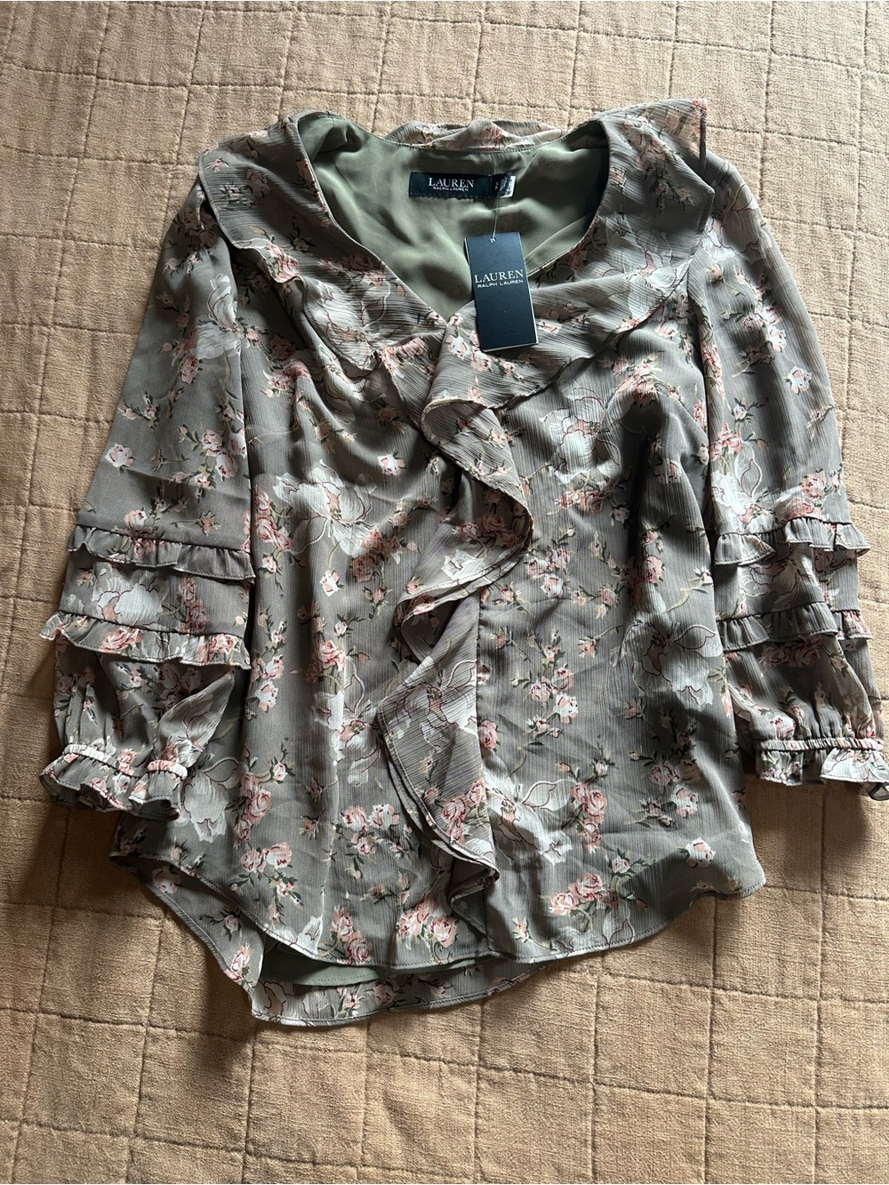 Ralph Lauren Olive Green Floral Ruffle Blouse